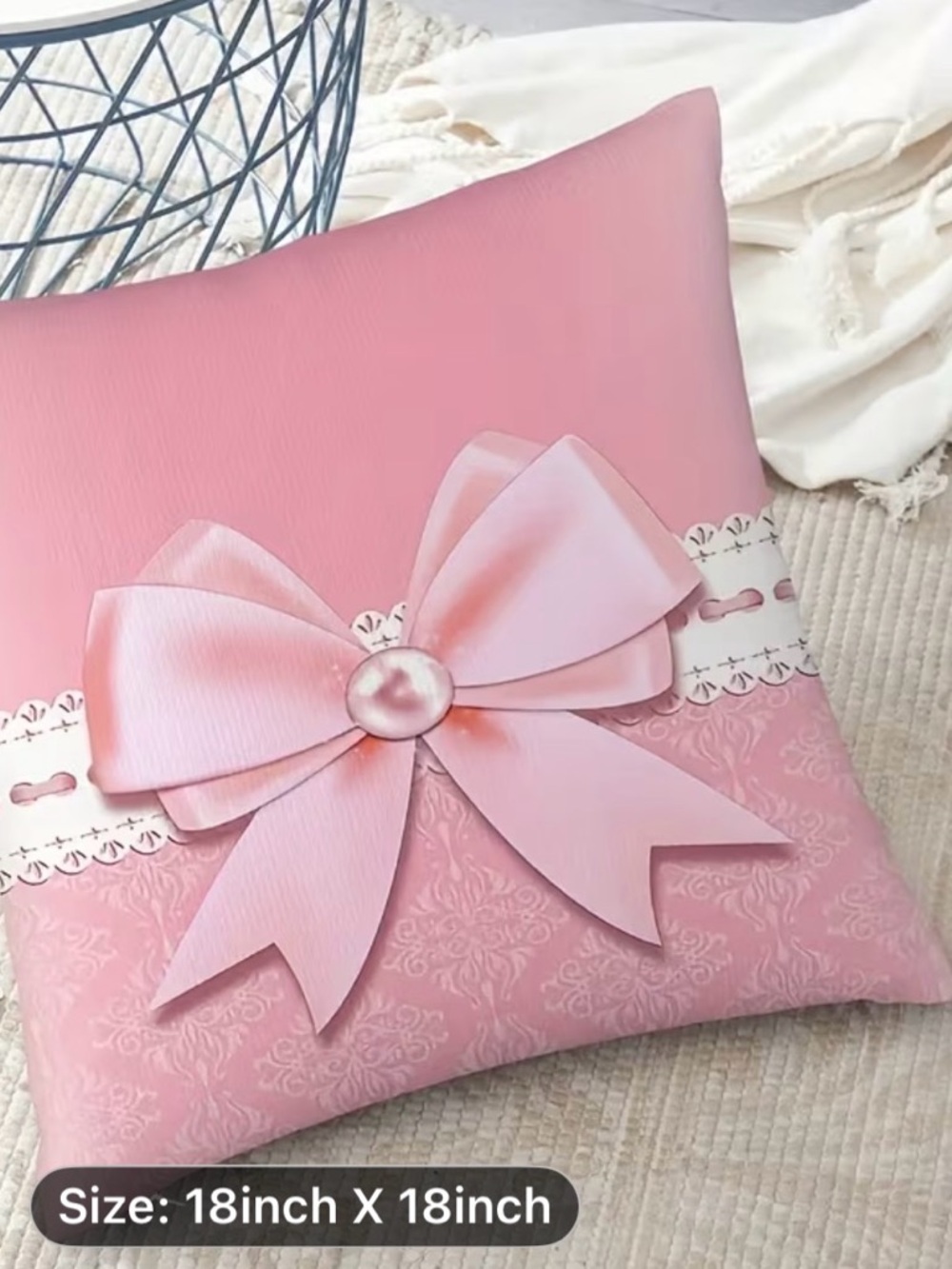 Pink Decorative Pillow with Ribbon Bow COVER